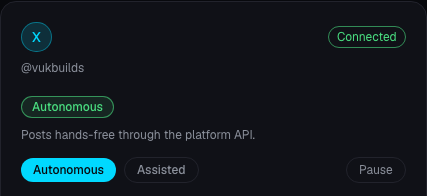 Publishing-center card: X connected, Autonomous mode selected