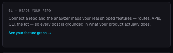 Dashboard card: reads your repo and maps real shipped features