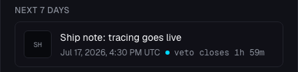 Queued post with its veto countdown: veto closes 1h 59m